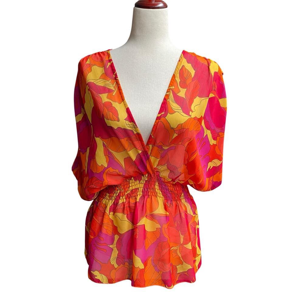 Vintage Y2K 00s Sheer Deep V Neck Boho Flowy Top Womens L‎ Orange Red Yellow